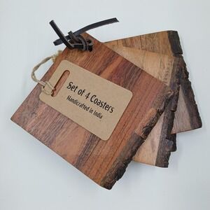 Rustic Wood Drink Coasters Set of 4 Square Live Edge Natural Bark Handcrafted